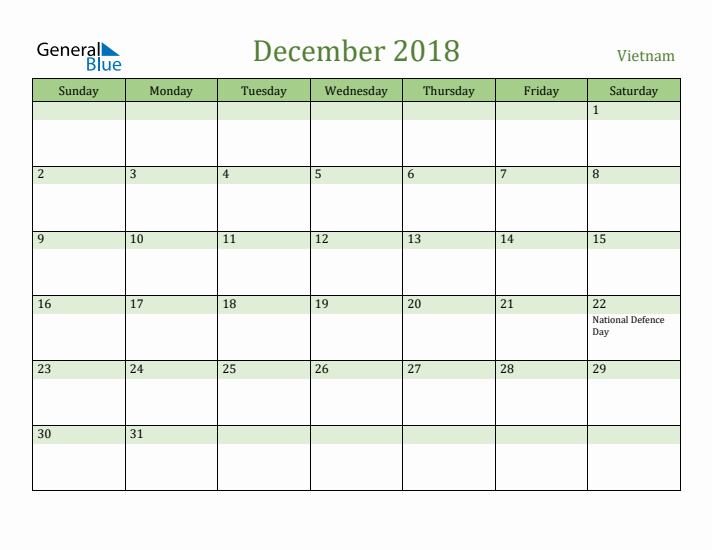 December 2018 Calendar with Vietnam Holidays