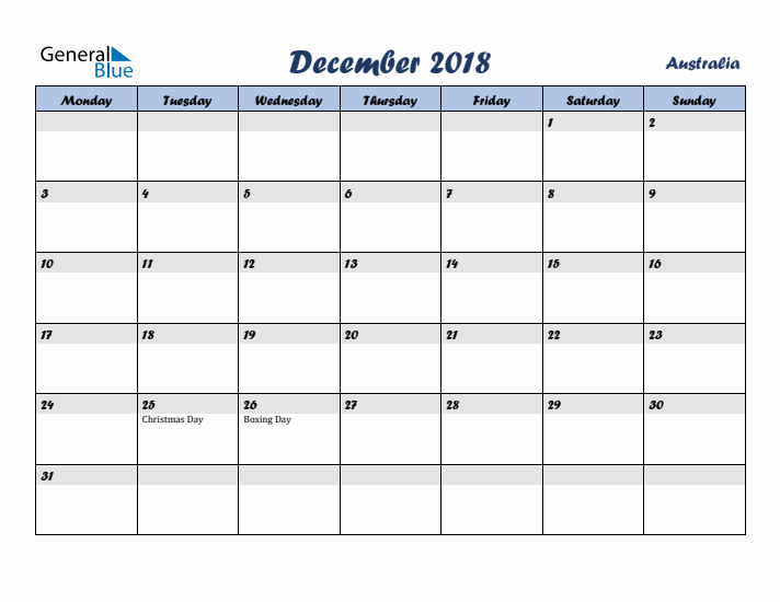 December 2018 Calendar with Holidays in Australia