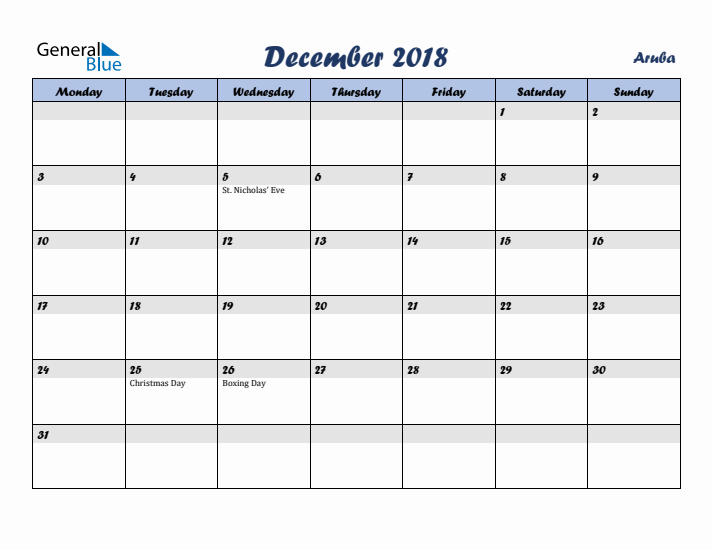 December 2018 Calendar with Holidays in Aruba