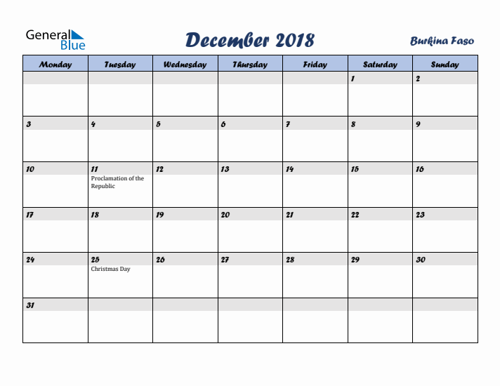 December 2018 Calendar with Holidays in Burkina Faso