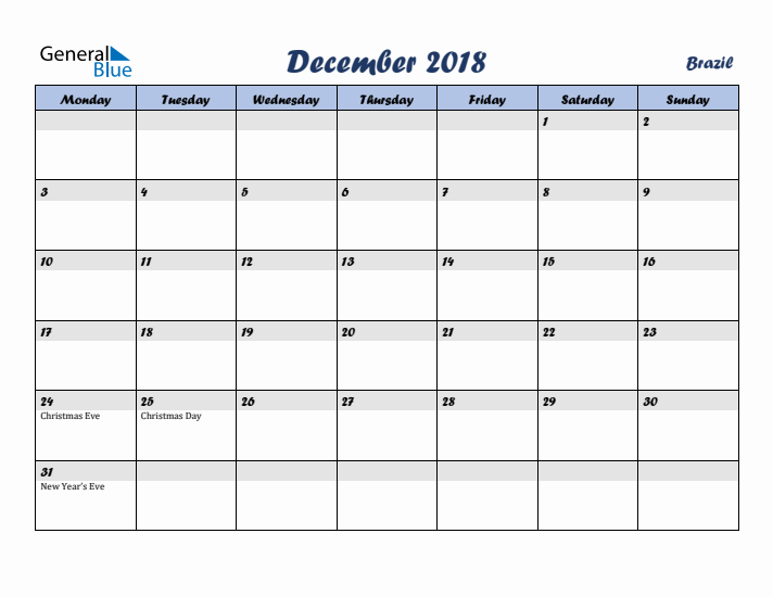 December 2018 Calendar with Holidays in Brazil