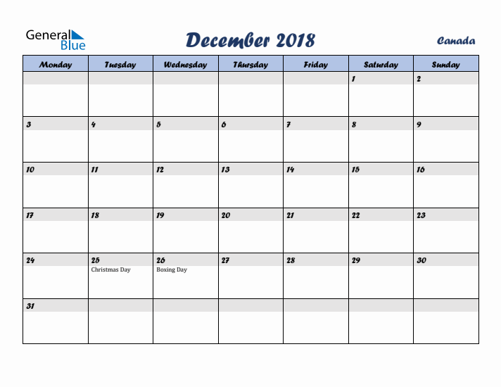 December 2018 Calendar with Holidays in Canada