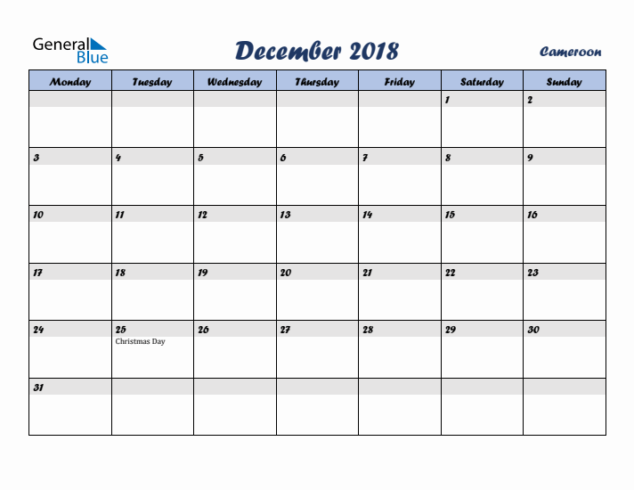 December 2018 Calendar with Holidays in Cameroon