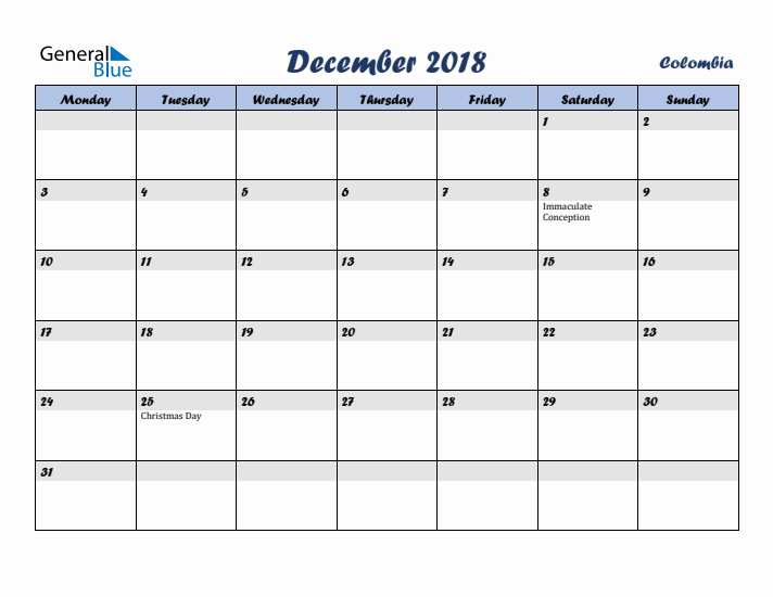 December 2018 Calendar with Holidays in Colombia