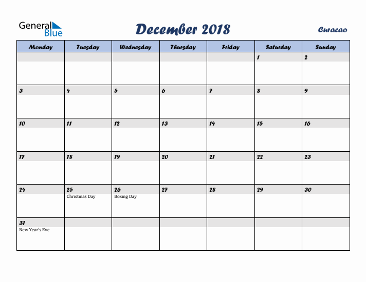 December 2018 Calendar with Holidays in Curacao