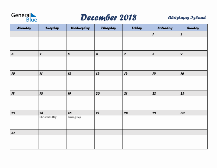 December 2018 Calendar with Holidays in Christmas Island