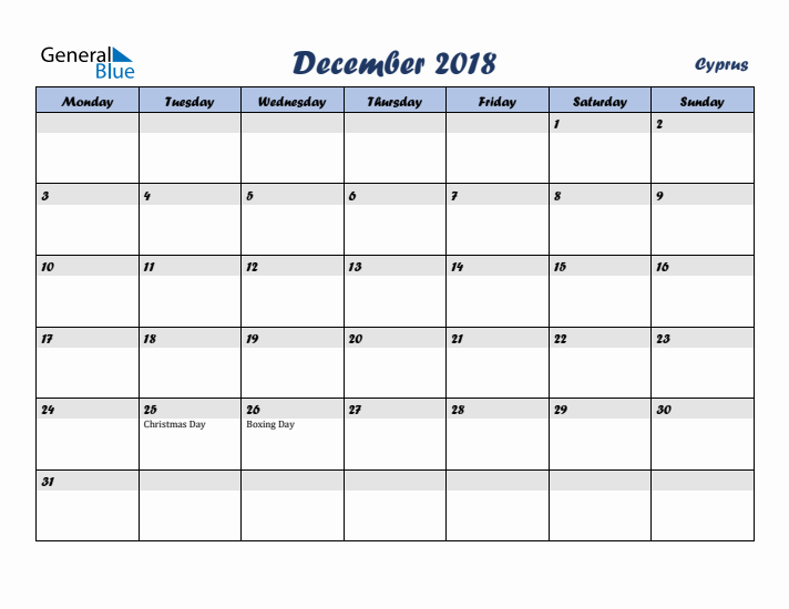 December 2018 Calendar with Holidays in Cyprus