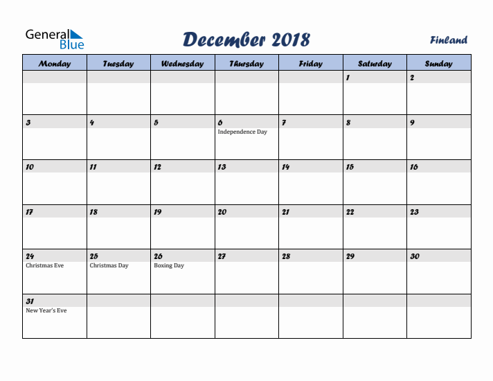 December 2018 Calendar with Holidays in Finland