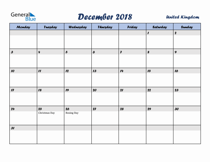 December 2018 Calendar with Holidays in United Kingdom