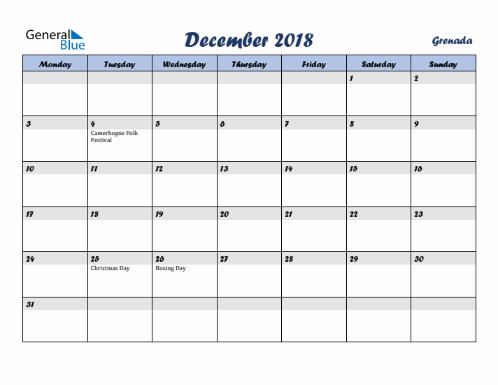 December 2018 Calendar with Holidays in Grenada