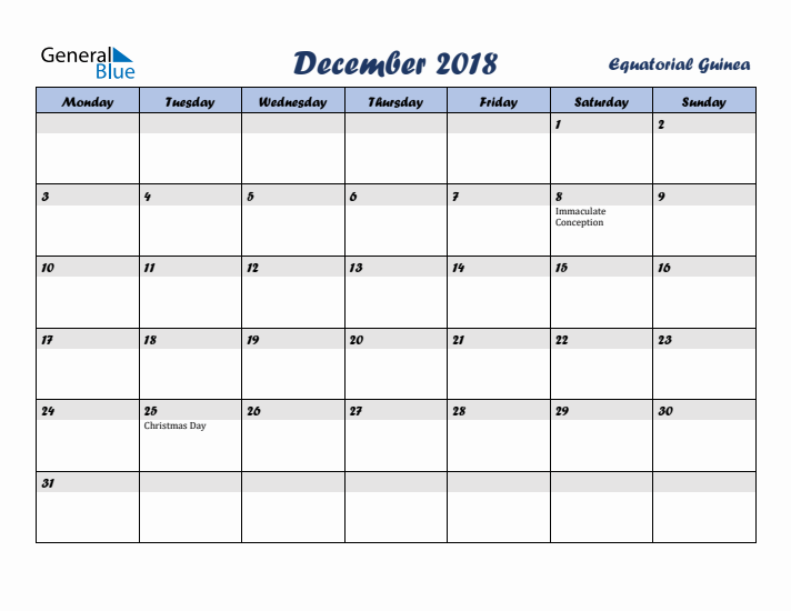 December 2018 Calendar with Holidays in Equatorial Guinea