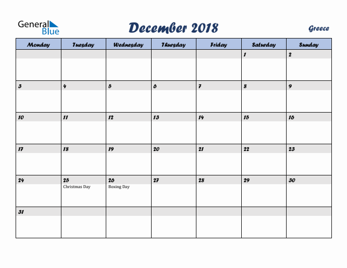 December 2018 Calendar with Holidays in Greece