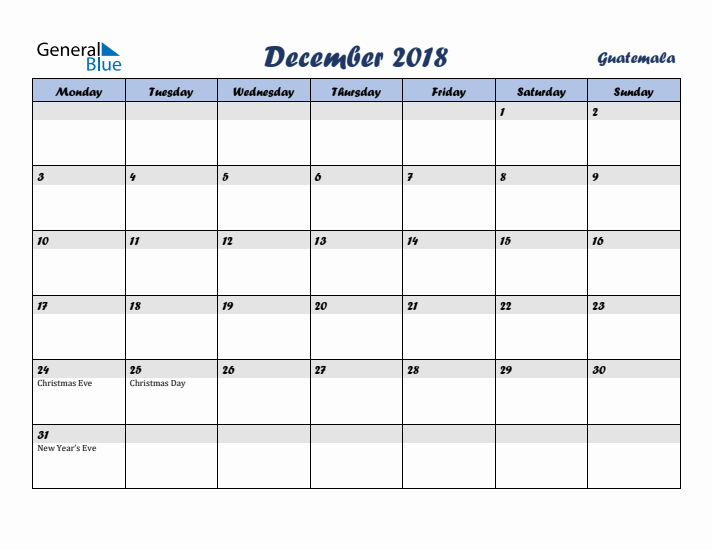 December 2018 Calendar with Holidays in Guatemala