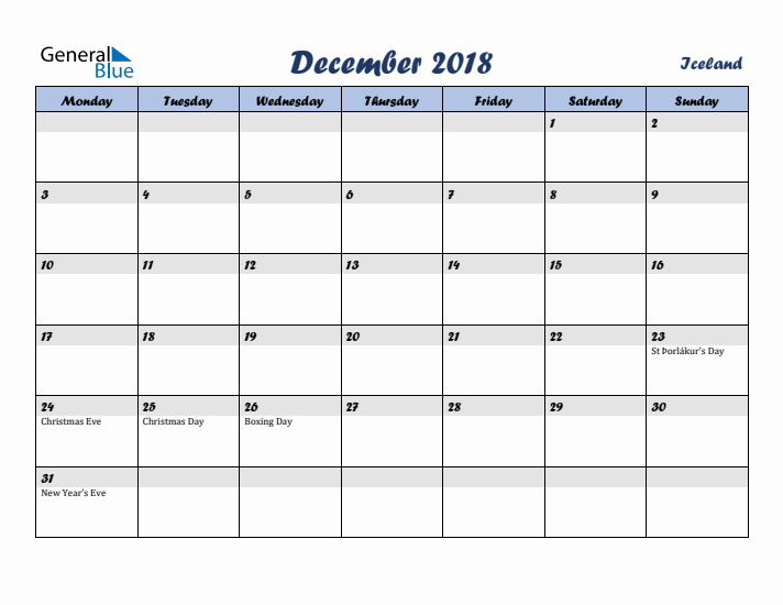 December 2018 Calendar with Holidays in Iceland