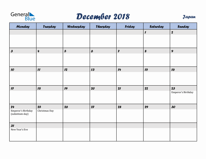 December 2018 Calendar with Holidays in Japan