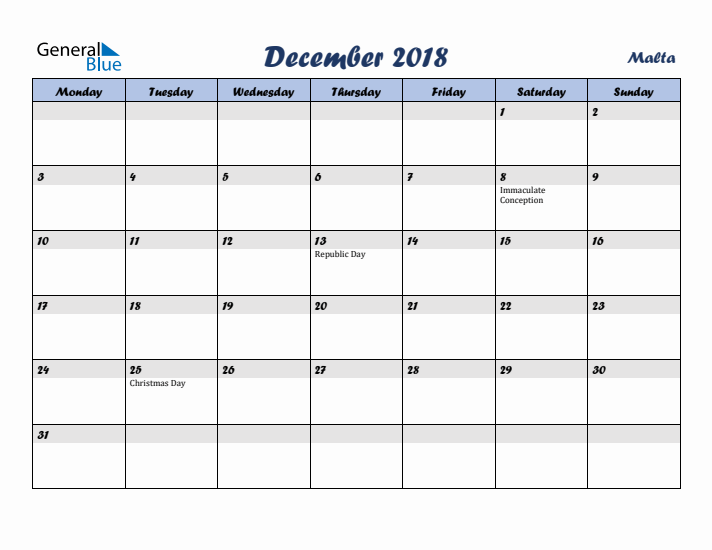 December 2018 Calendar with Holidays in Malta