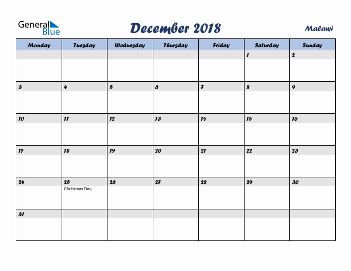 December 2018 Calendar with Holidays in Malawi