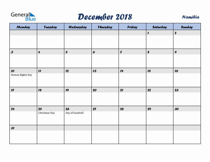 December 2018 Calendar with Holidays in Namibia