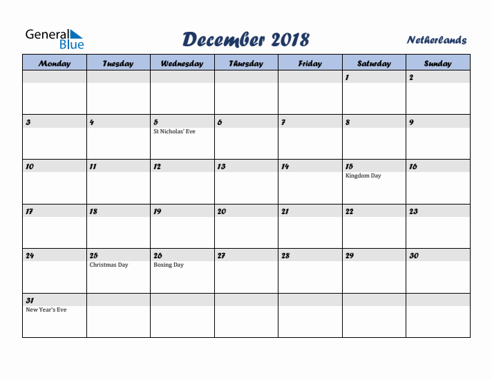 December 2018 Calendar with Holidays in The Netherlands