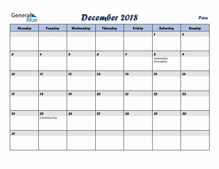 December 2018 Calendar with Holidays in Peru