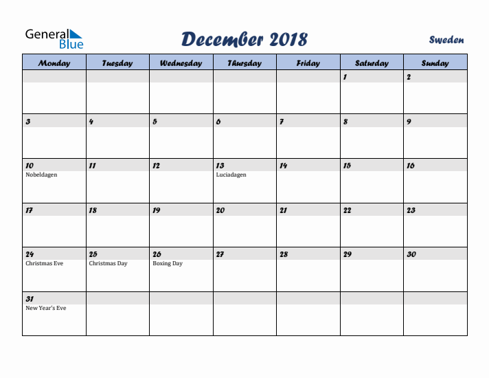 December 2018 Calendar with Holidays in Sweden