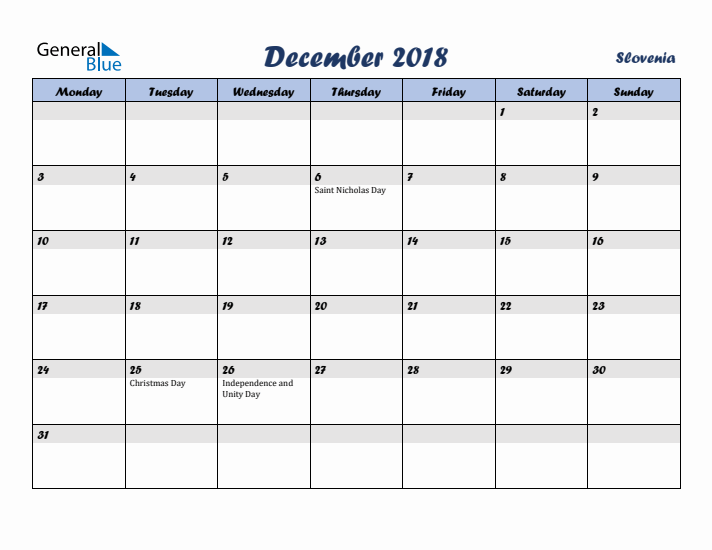 December 2018 Calendar with Holidays in Slovenia