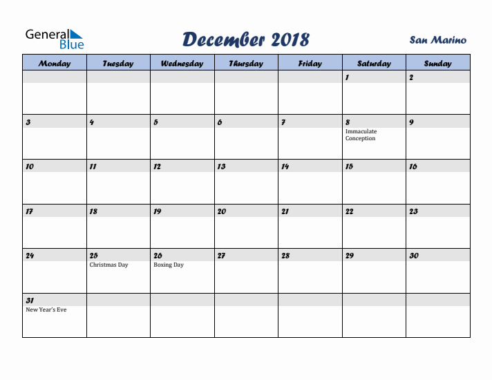 December 2018 Calendar with Holidays in San Marino