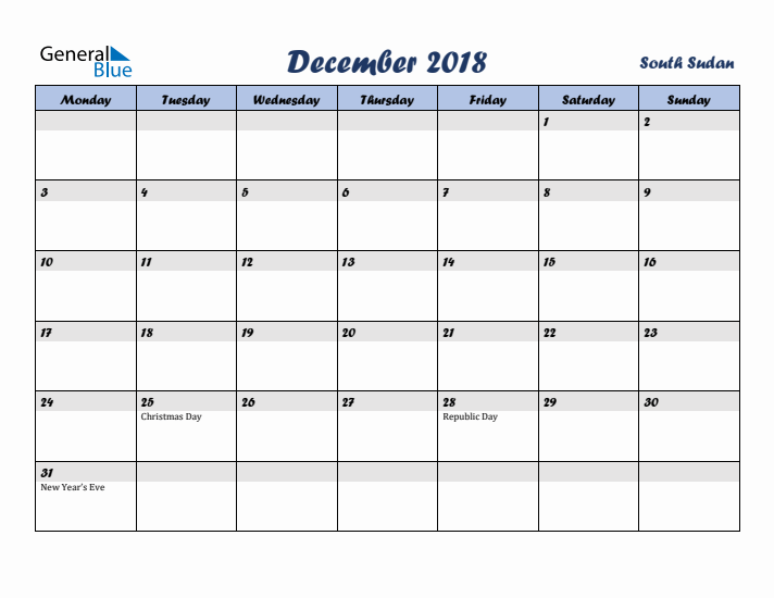 December 2018 Calendar with Holidays in South Sudan