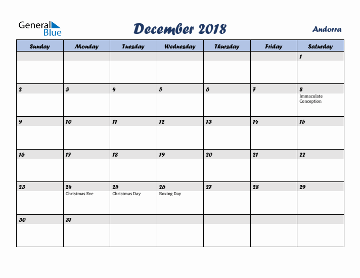 December 2018 Calendar with Holidays in Andorra