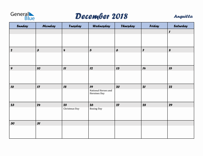 December 2018 Calendar with Holidays in Anguilla