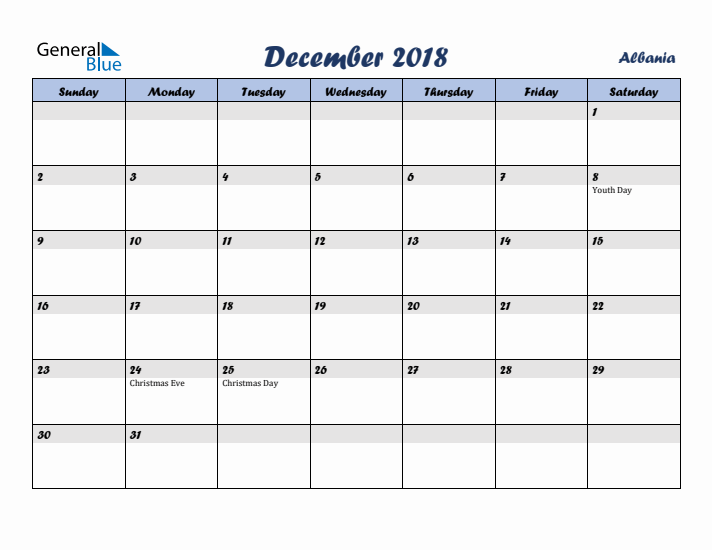 December 2018 Calendar with Holidays in Albania