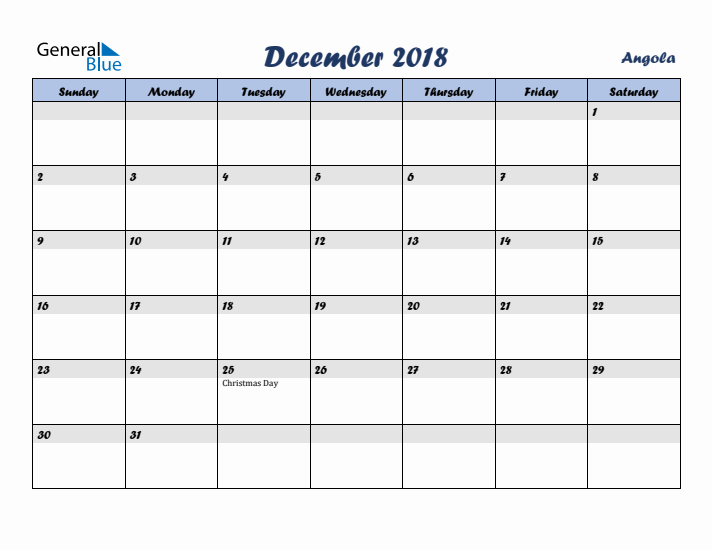 December 2018 Calendar with Holidays in Angola