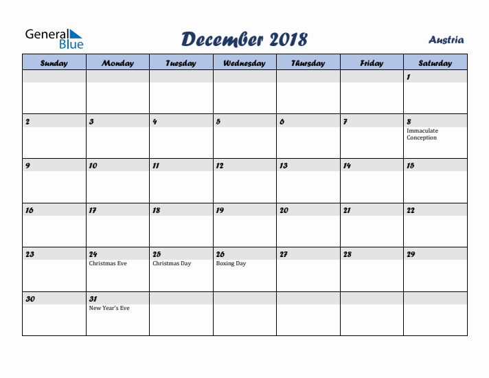 December 2018 Calendar with Holidays in Austria