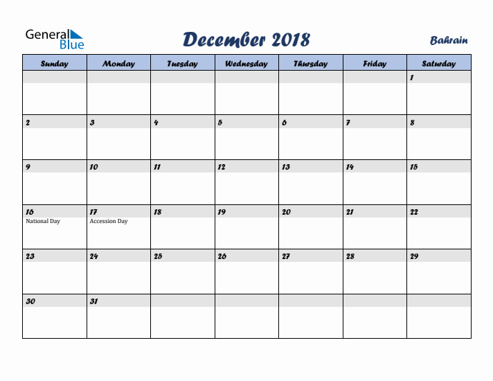 December 2018 Calendar with Holidays in Bahrain