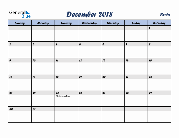 December 2018 Calendar with Holidays in Benin