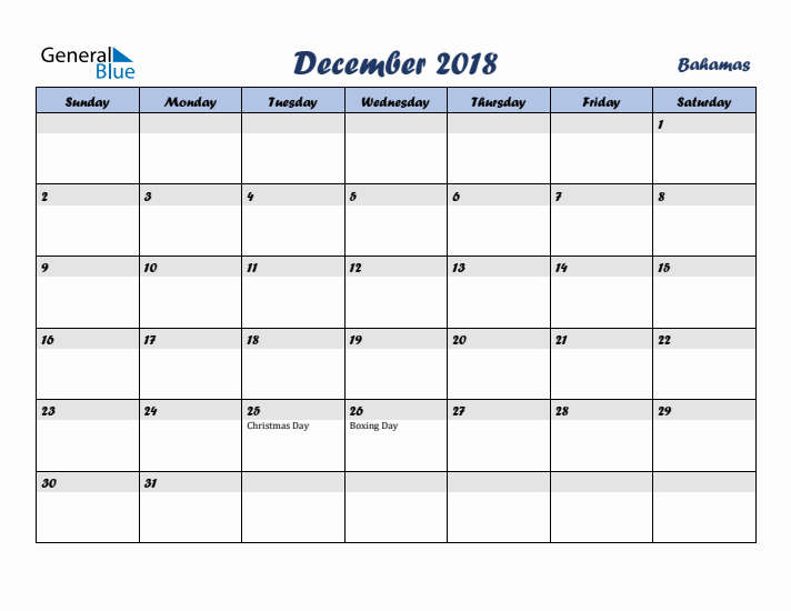 December 2018 Calendar with Holidays in Bahamas