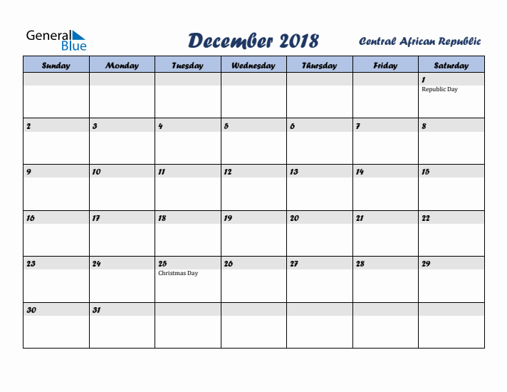 December 2018 Calendar with Holidays in Central African Republic