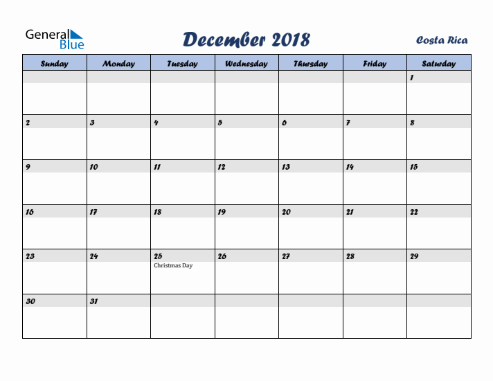 December 2018 Calendar with Holidays in Costa Rica