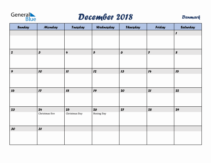 December 2018 Calendar with Holidays in Denmark