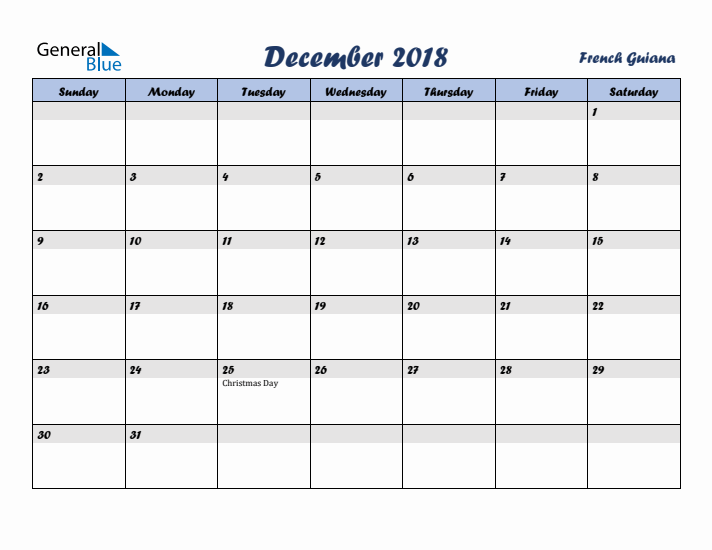 December 2018 Calendar with Holidays in French Guiana