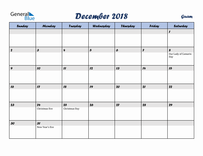 December 2018 Calendar with Holidays in Guam