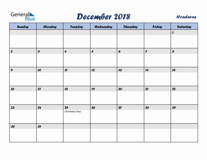 December 2018 Calendar with Holidays in Honduras