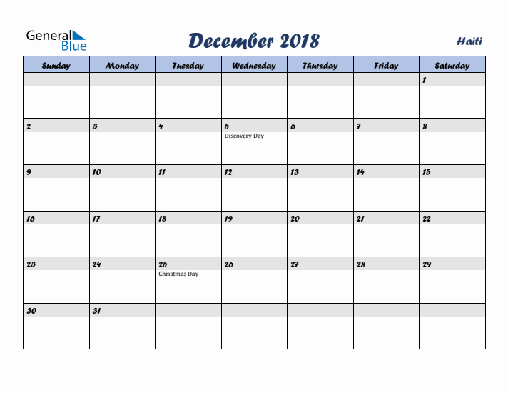 December 2018 Calendar with Holidays in Haiti