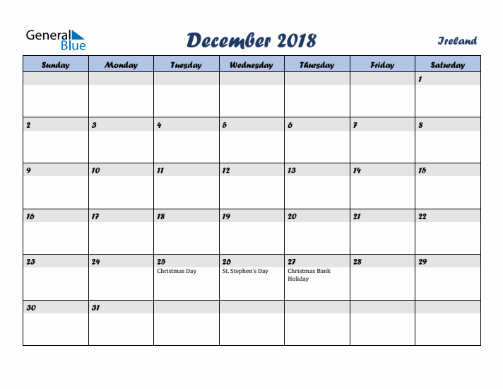 December 2018 Calendar with Holidays in Ireland