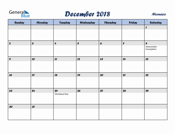 December 2018 Calendar with Holidays in Monaco