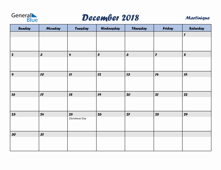 December 2018 Calendar with Holidays in Martinique