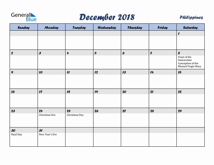 December 2018 Calendar with Holidays in Philippines