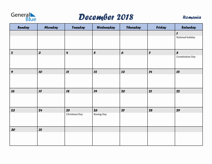 December 2018 Calendar with Holidays in Romania