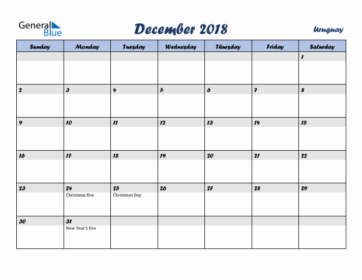 December 2018 Calendar with Holidays in Uruguay