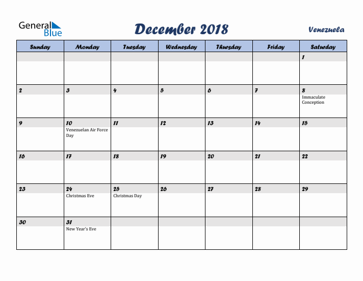 December 2018 Calendar with Holidays in Venezuela